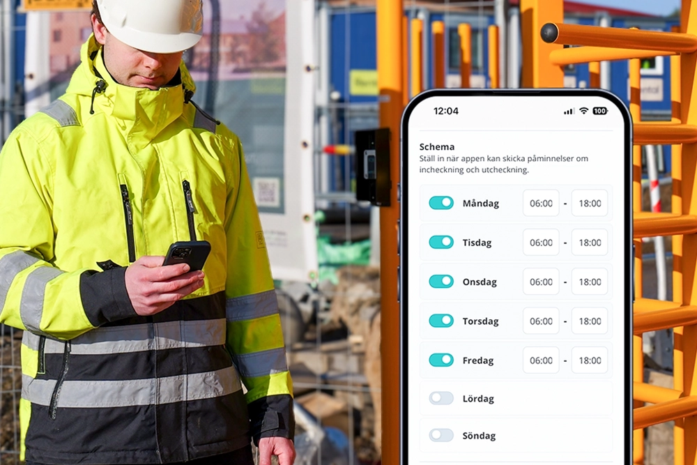Byggarbetare kollar på geofence i appen en3 Connect